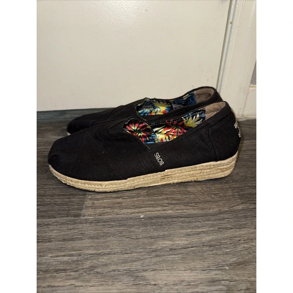 Skechers BOBS Highlights High Jinx Espadrille Wedge Black Canvas Shoes Womens